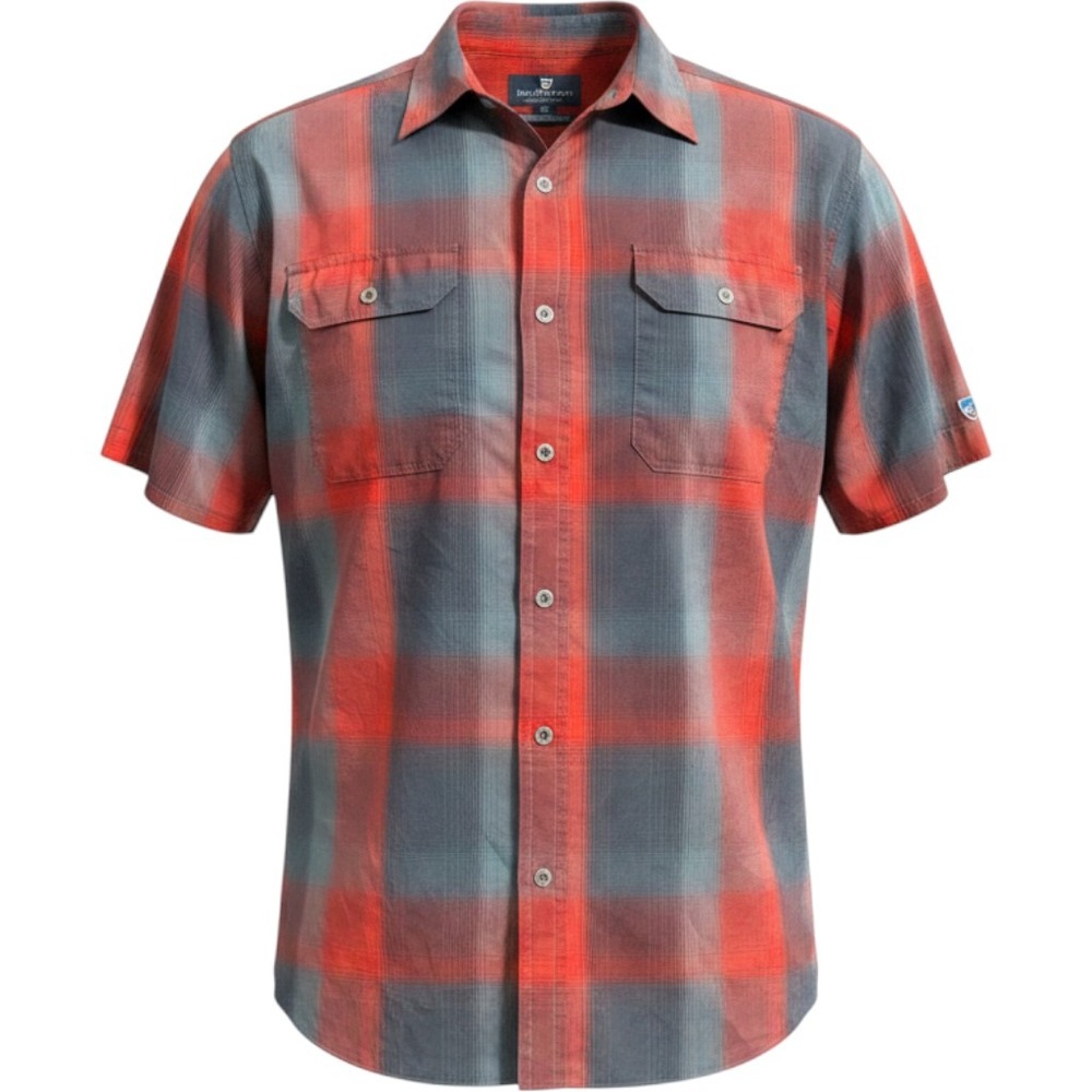 KUHL Short Sleeve Button Down Mens XL Red Grey Plaid Technical Hiking Shirt